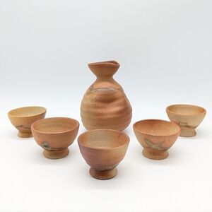 Japanese Hagi Sake tan brown ceramic earthenware six piece set